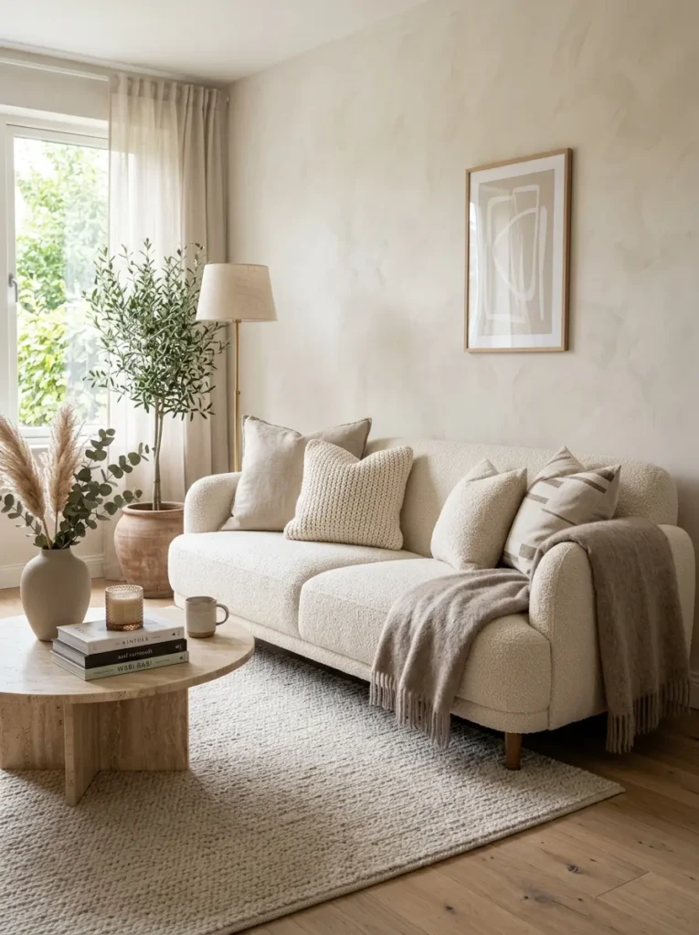 A modern sofa styled with boucle fabric and soft cushions in a minimalist cozy living room.