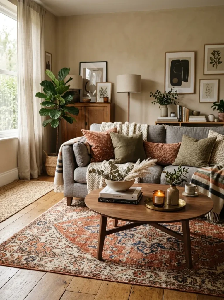 Grey sofa styled with vintage terracotta rug, layered textiles, and elegant coffee table decor.