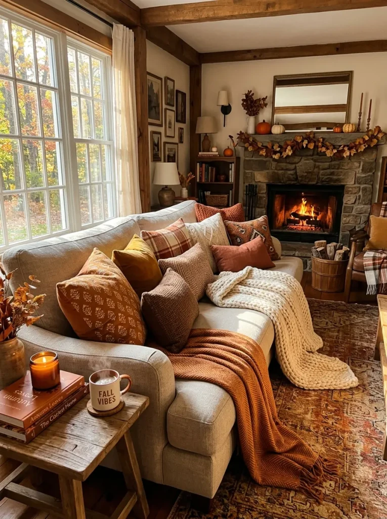 Sofa styled with pillows in burnt orange, mustard, and cream tones creating a warm fall atmosphere
