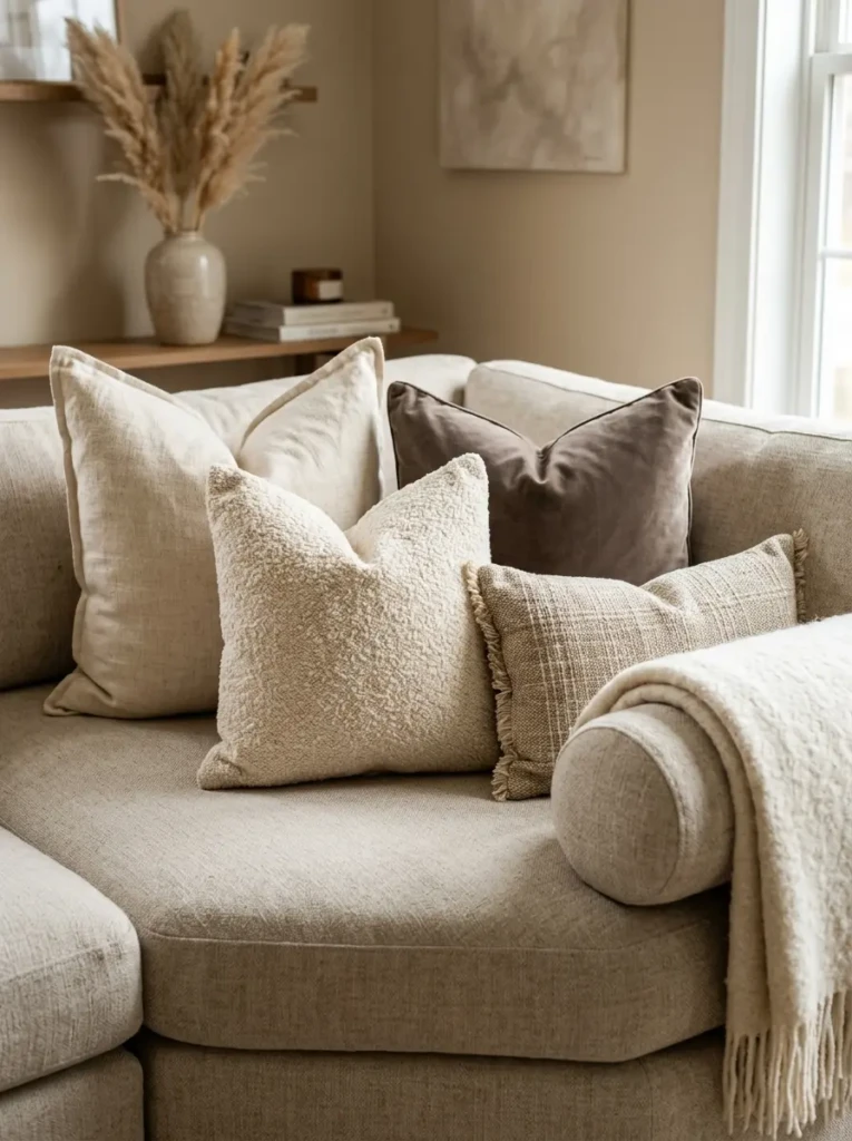Sofa styled with layered neutral accent pillows in velvet, boucle, and linen textures.