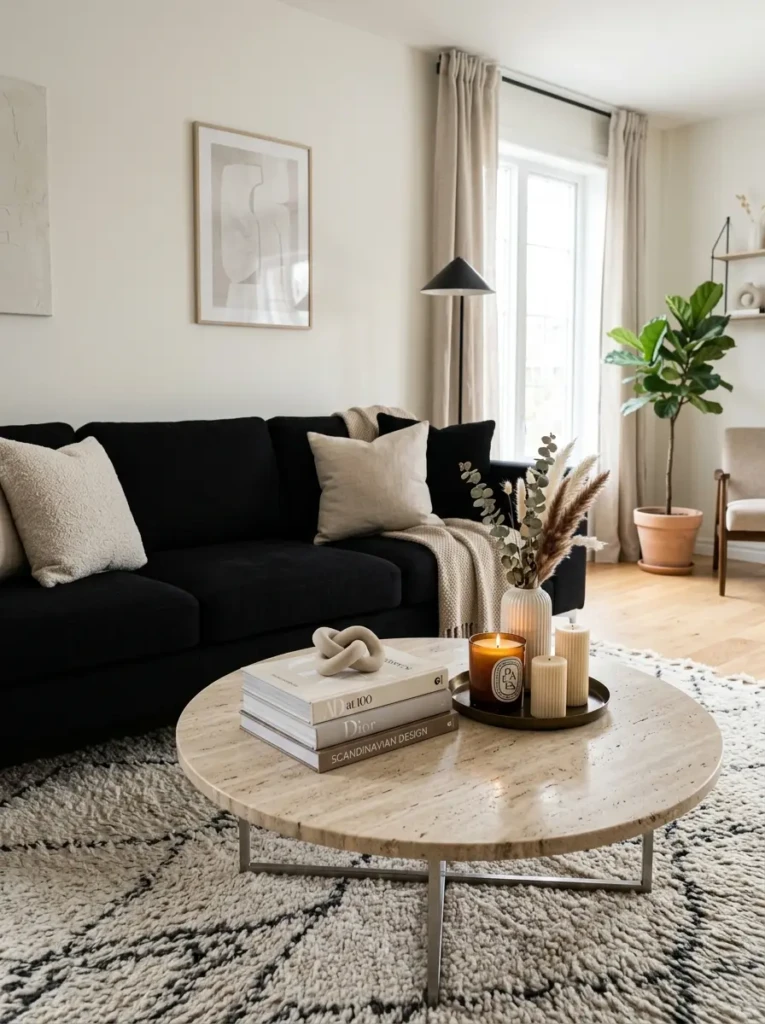 Black sofa paired with elegant round travertine coffee table and decor books.
