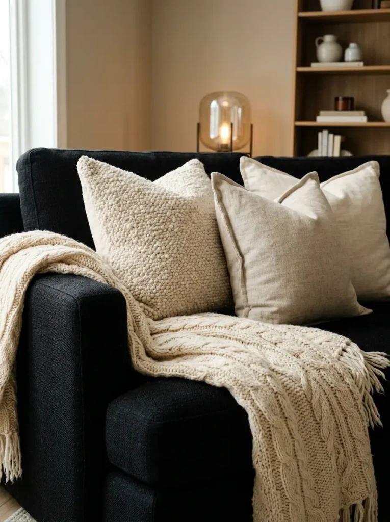 Black couch layered with cream boucle pillows, knit throw, and linen cushions.