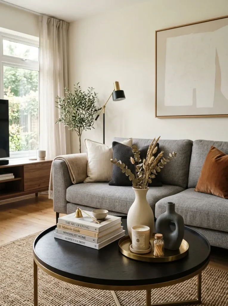 Grey couch with styled coffee table featuring books, ceramic vase, candle tray, and sculptural decor.