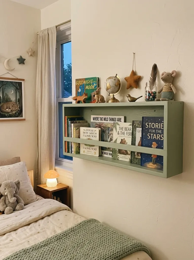 Soft sage floating shelf with rotating books and tiny playful treasures.