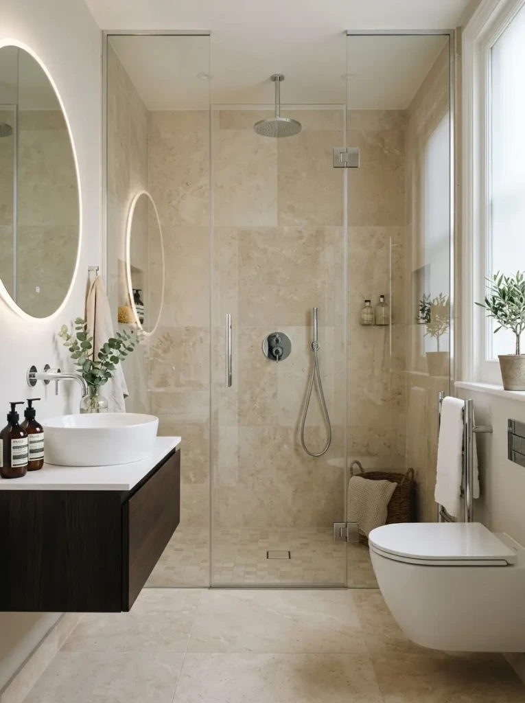 Soft stone tile shower behind clear frameless glass with minimal hardware in an elegant compact bathroom.