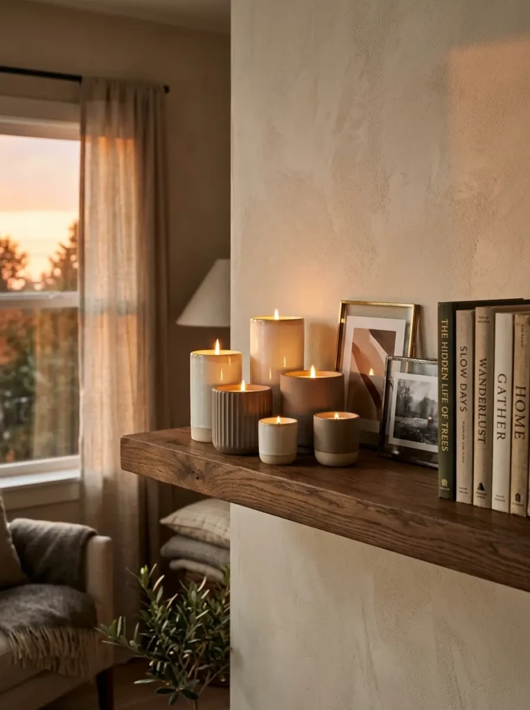 A cluster of cream and taupe candles styled on a long floating shelf beside books and frames in sunset light.