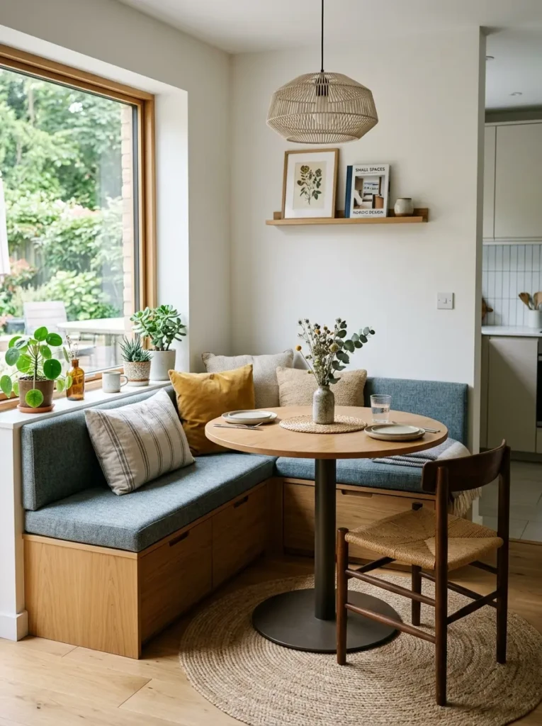 Compact dining area with pedestal table and bench seating in a small open concept layout.