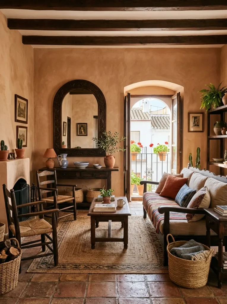 Warm Spanish-inspired apartment living room with terracotta tones, arched mirror, dark wood, and woven textures.