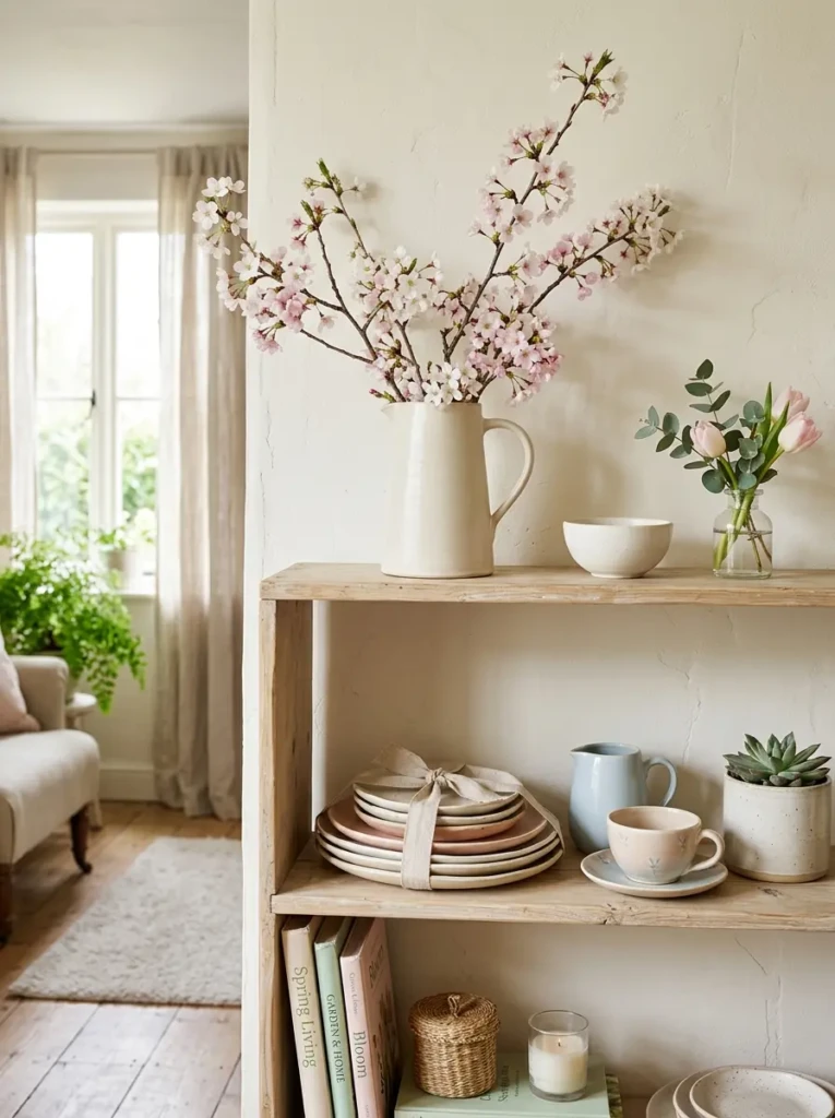 Floating shelf with blossom branches, pale ceramics, and airy pastel spring tones.