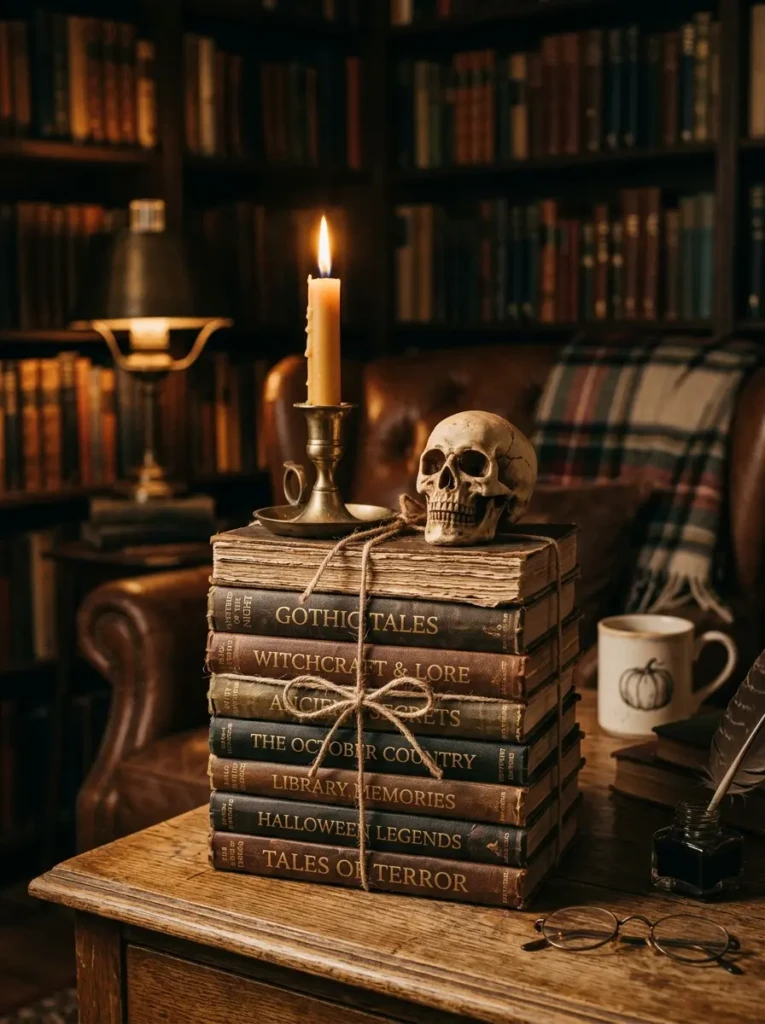 A stack of old books tied with twine topped with a candle and small skull, creating a warm and moody Halloween display