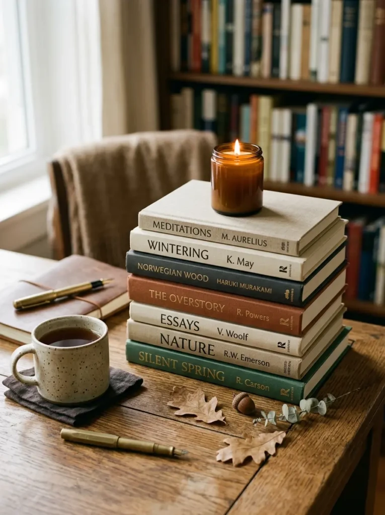 A stack of neutral-toned books on a desk topped with a candle, creating a warm and intellectual autumn vibe.