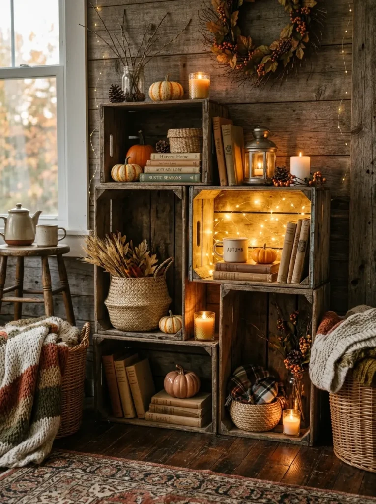 Stacked wooden crates decorated with candles, books, pumpkins, and fairy lights in a warm rustic fall corner setup