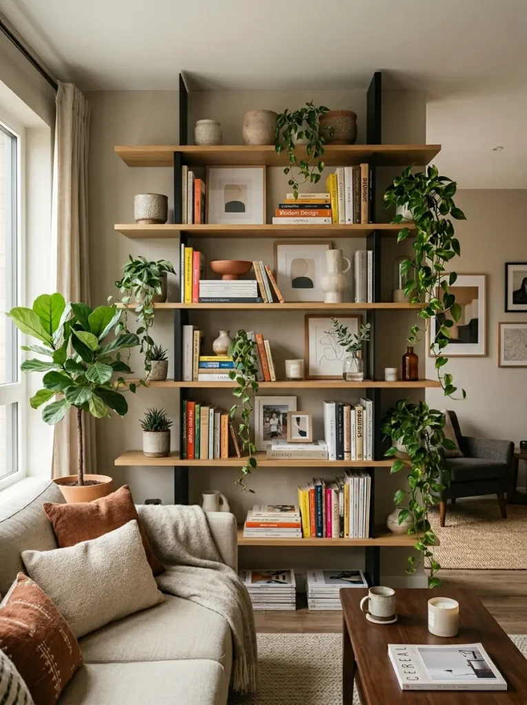Contemporary floating shelf arrangement with layered heights and visually balanced decor pieces.
