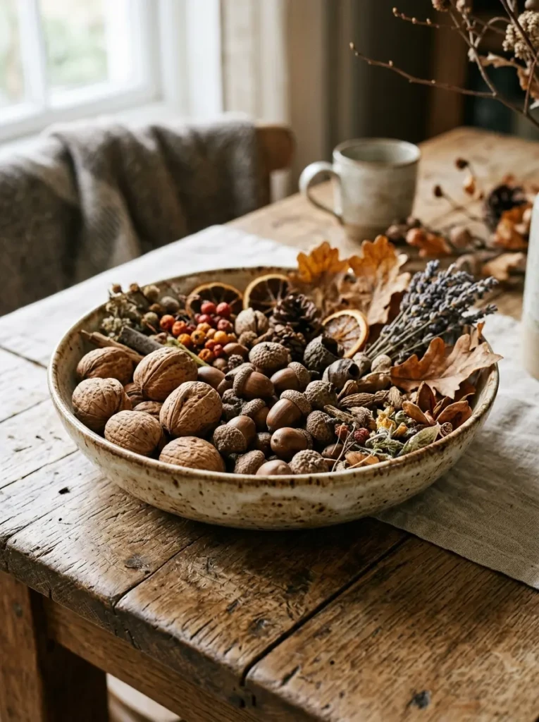 Bowl filled with walnuts, acorns, and dried botanicals on wooden surface, cozy fall decor aesthetic