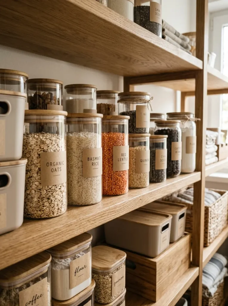 Storage containers with simple handmade labels in neutral tones, creating a clean and cohesive organized look.