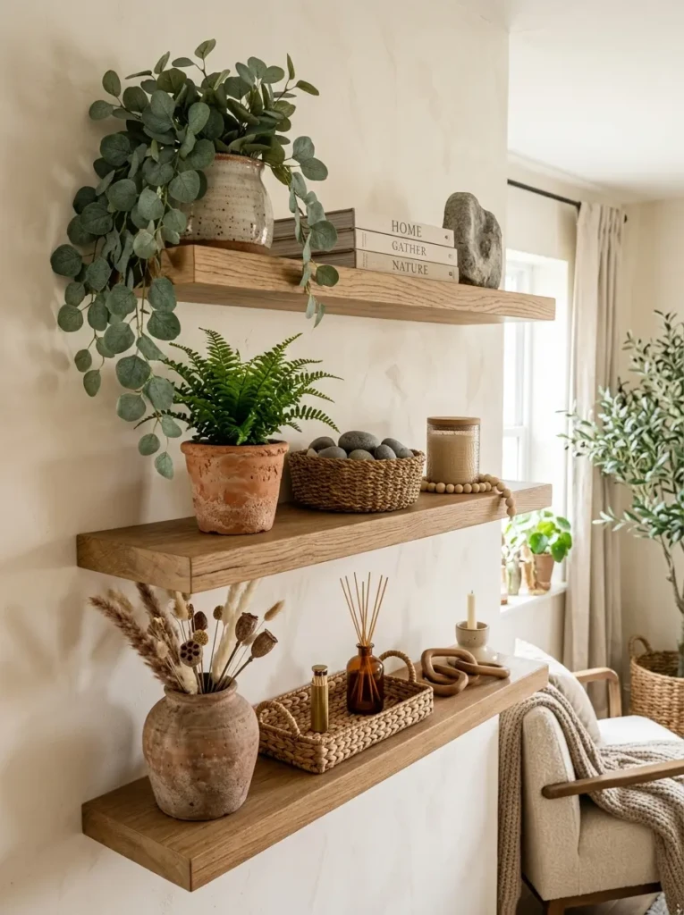 Faux eucalyptus and fern in textured clay pots styled with woven accents on floating shelves.
