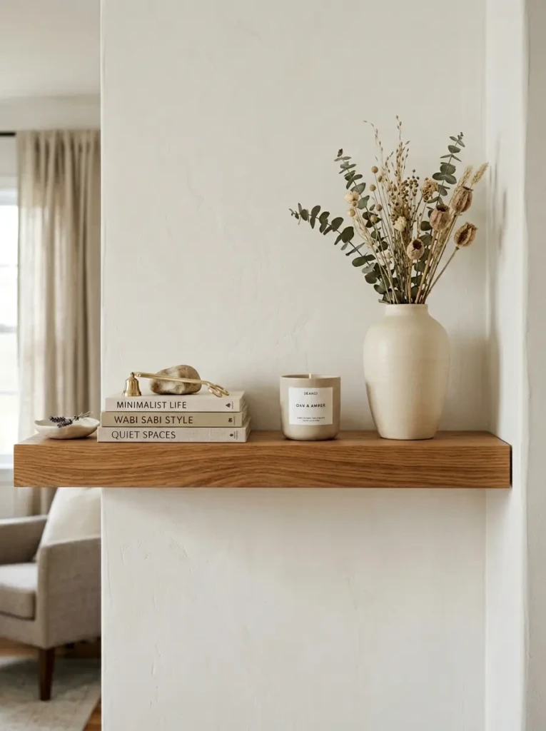 An oak floating shelf with a centered candle, matte ceramic vase, and elegant asymmetrical decor arrangement.