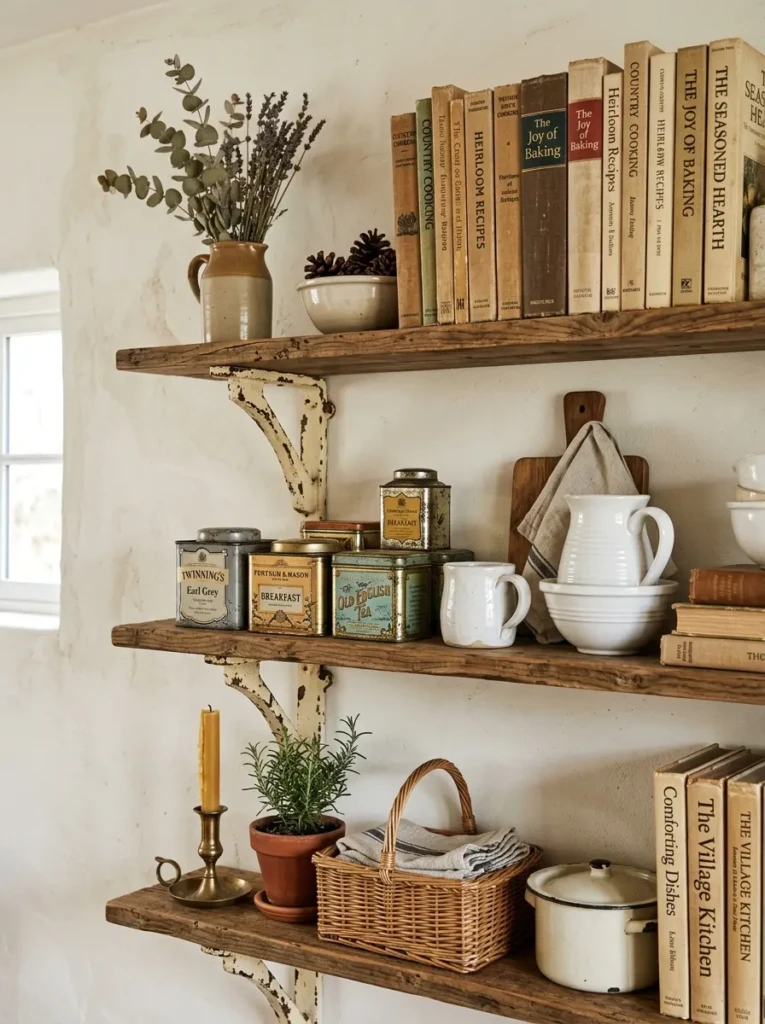 Painted shelf brackets with cookbooks, white ceramics, tea tins, and layered vintage decor.