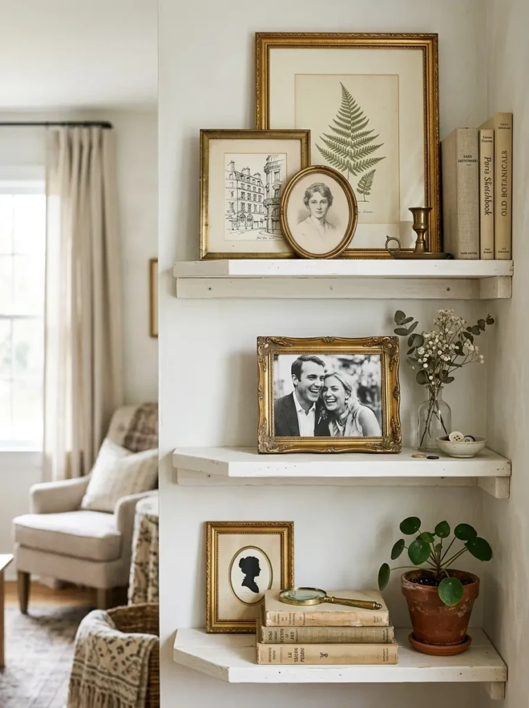 A styled shelf corner with vintage sketches, a personal photo frame, and antique gold accents arranged in airy layers.