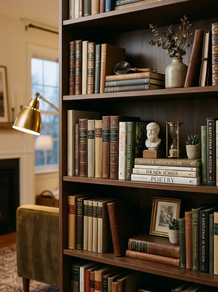 Styled shelf featuring cream and sage books with a small bust topper in warm light.