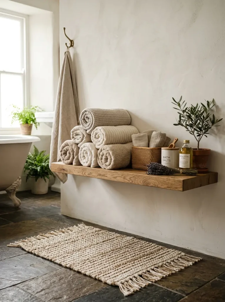 Rolled towels, elegant bath mat, and soft textures styled in natural bathroom light.