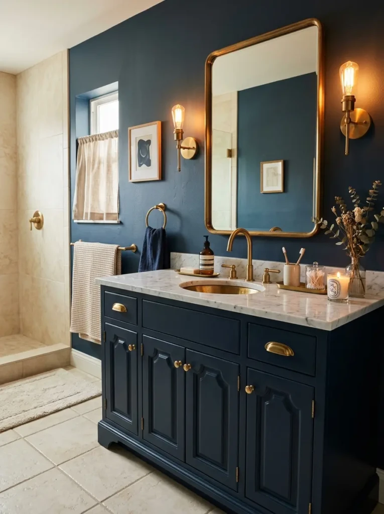 Navy-painted vanity with brass hardware, creamy floor tile, and warm flattering bathroom lights.