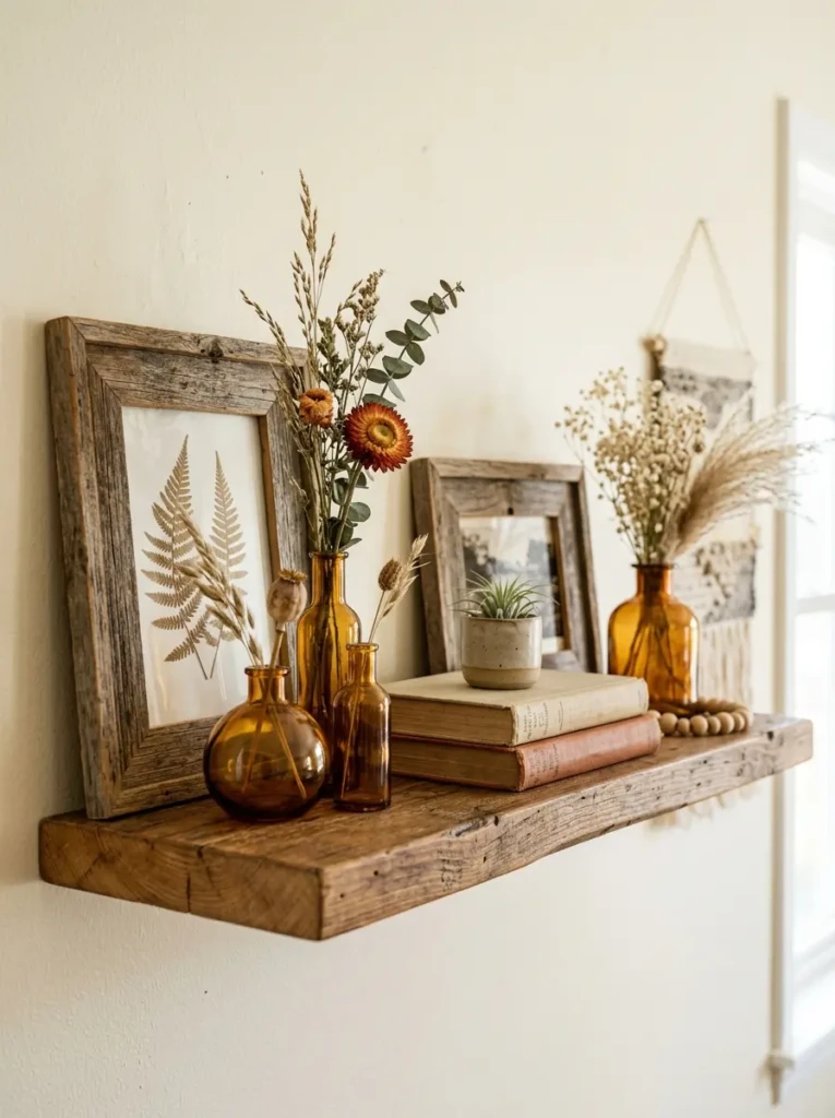 Reclaimed wood frames and amber bud vases arranged with airy spacing on a cozy fall floating shelf.