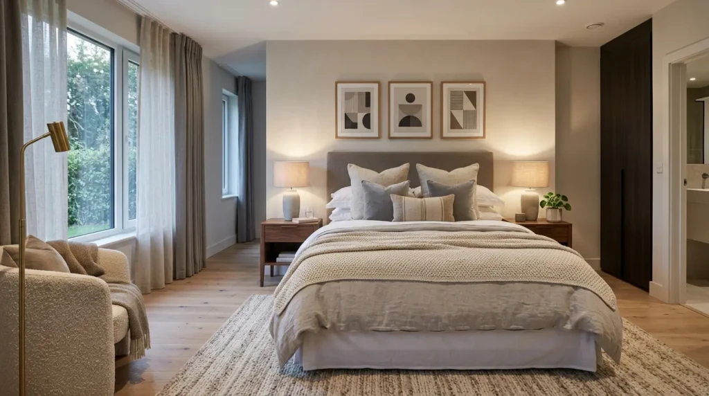 Modern bedroom with cozy bedding, soft lighting, bedside tables, and neutral decor accents.