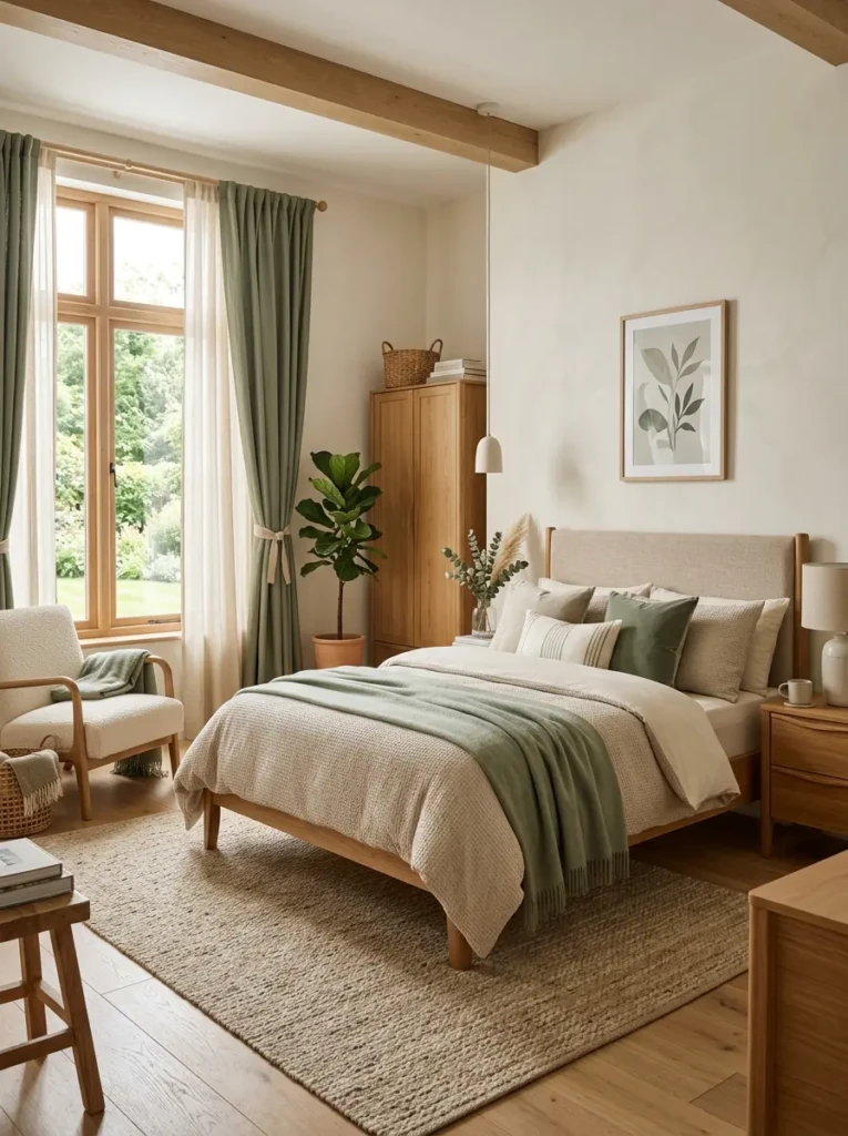 Bedroom styled with beige, cream, sage green, and warm wood tones showing cohesive home decor ideas bedroom inspiration.