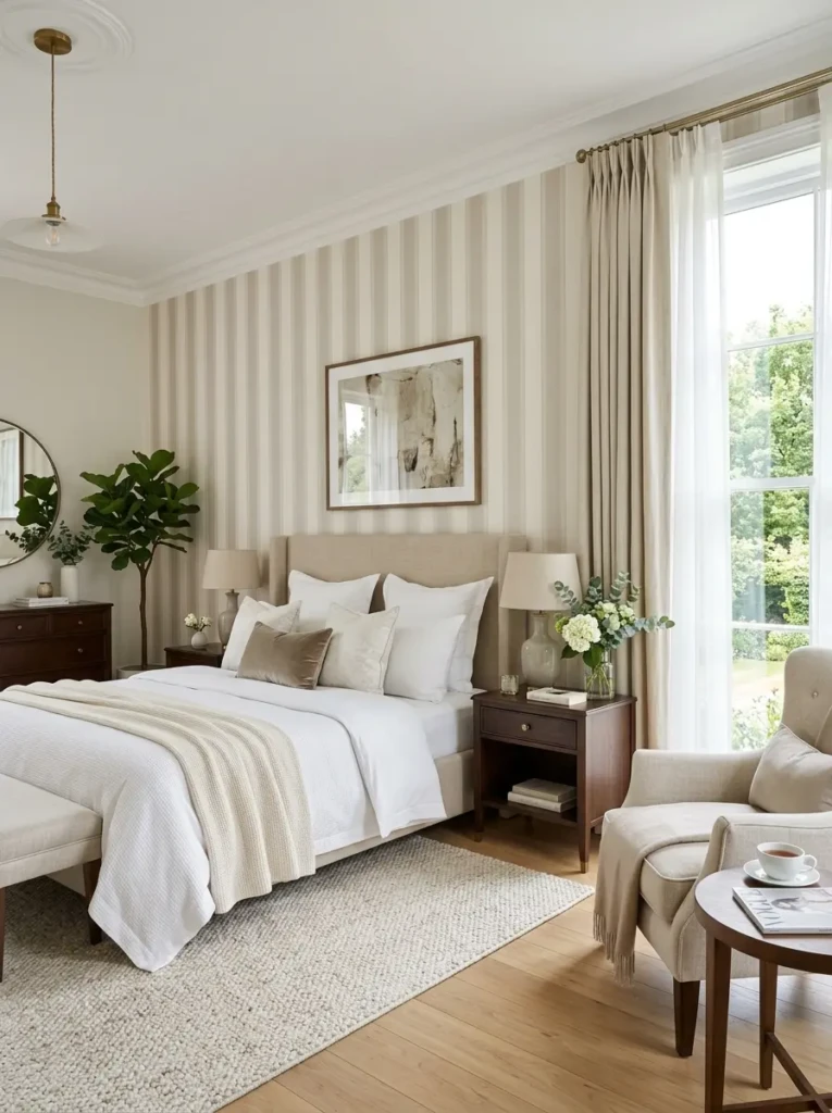A refined bedroom with vertical striped wallpaper in neutral tones, enhancing the sense of space and height.