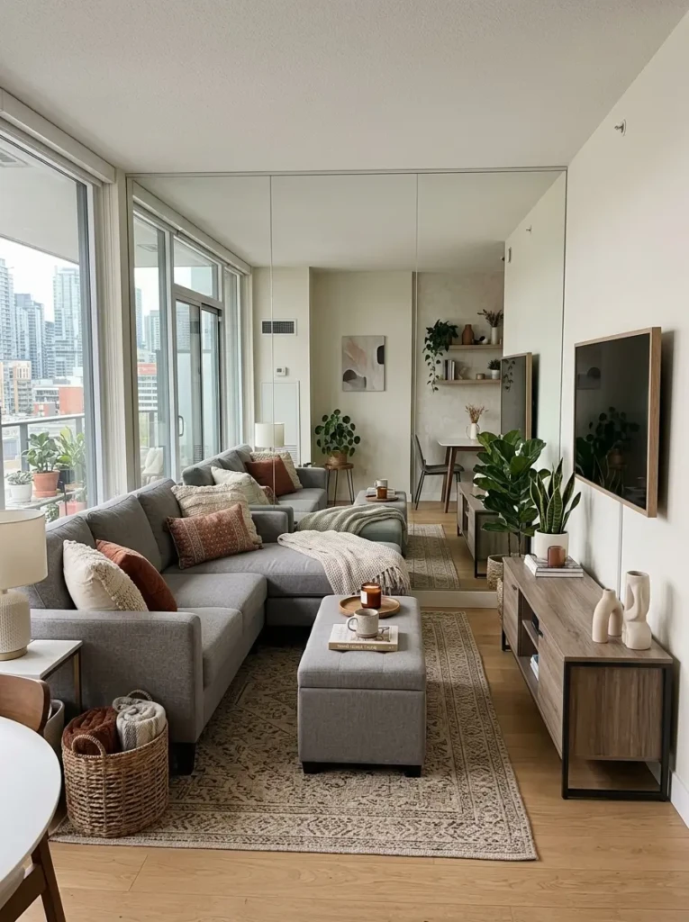 Modern condo living room with compact sectional, mirror wall, storage ottoman, and efficient cozy layout.
