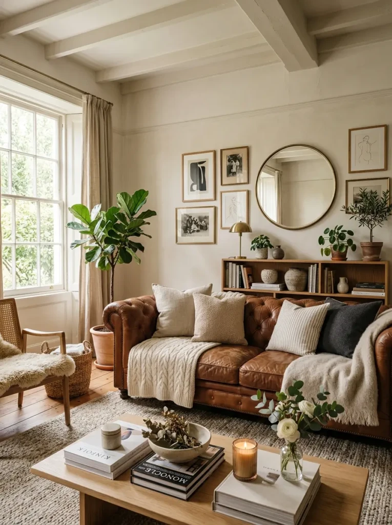 Timeless modern living room centered around a brown couch with warm layered decor and inviting neutral styling.