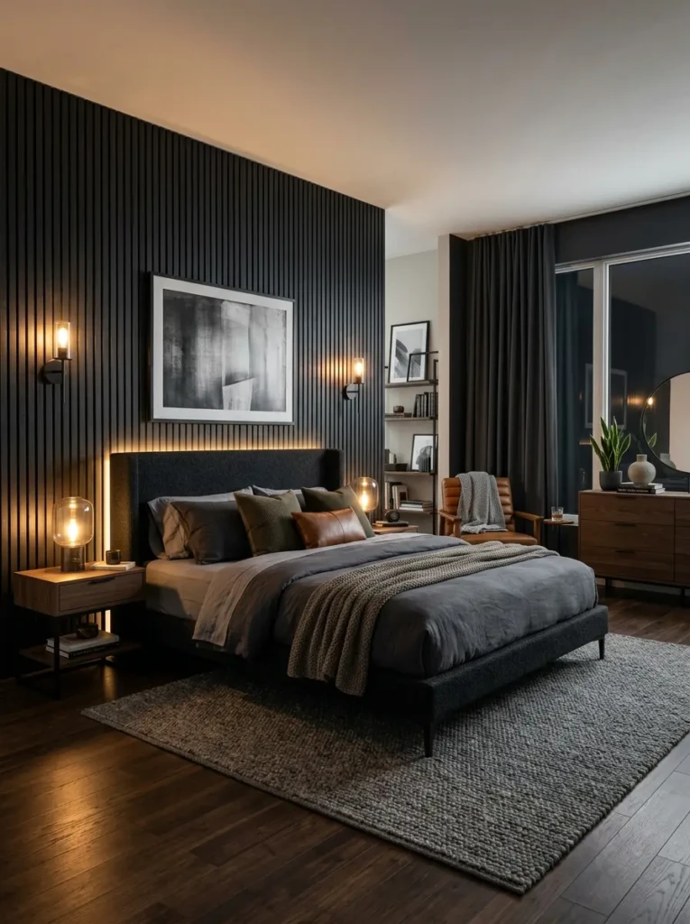 A stylish bedroom featuring a bold accent wall, neutral decor, and warm lighting creating a strong focal point