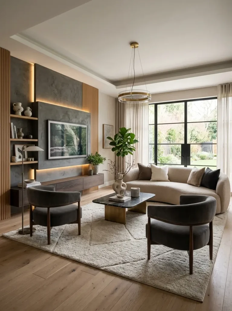 Elegant modern living room combining neutral tones, feature wall, luxury textures, layered lighting, and cozy furniture.