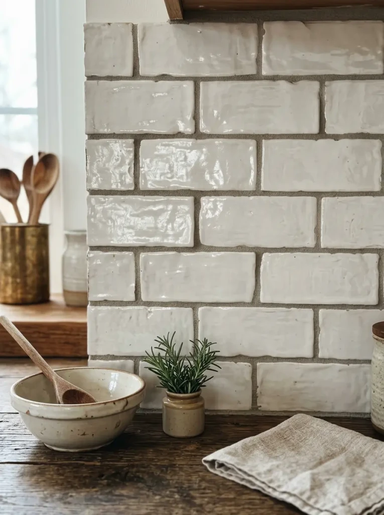 A close-up of textured handmade-look subway tile with warm gray grout in a rustic modern farmhouse kitchen.