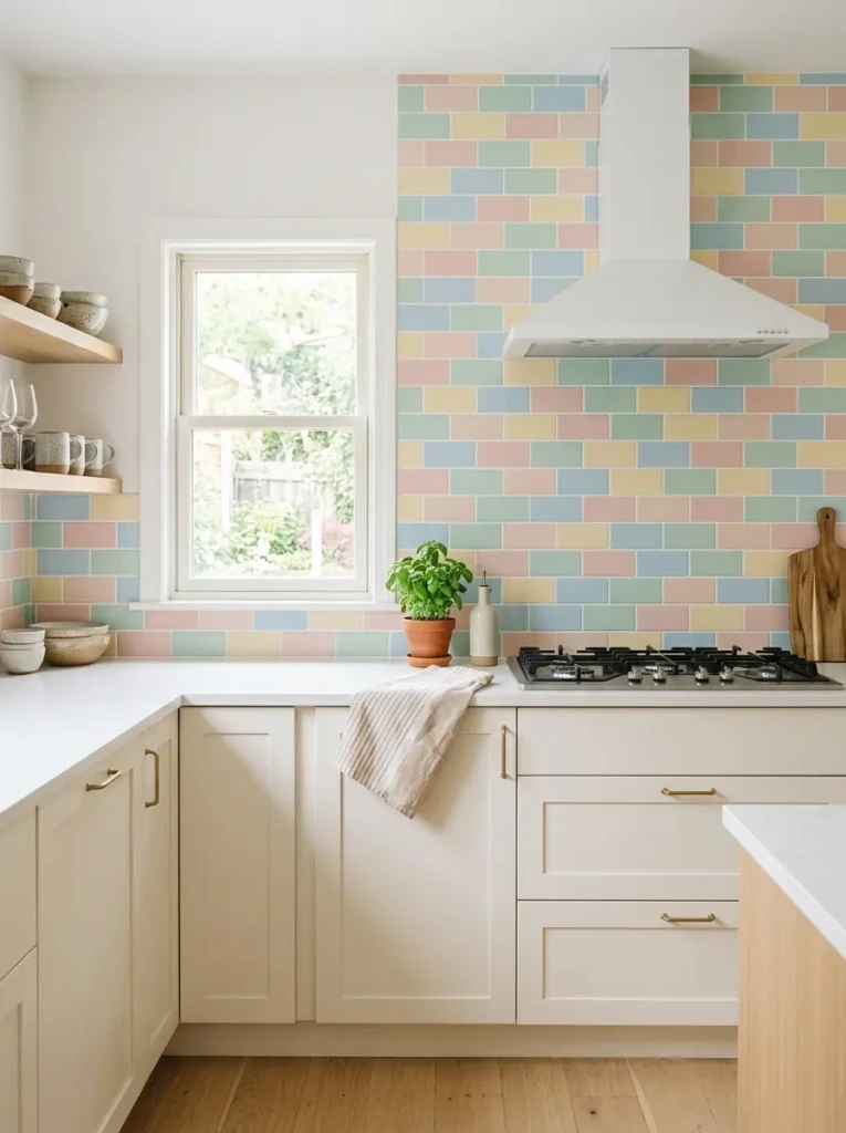 Clean retro kitchen backsplash with pastel subway tiles and light grout lines.
