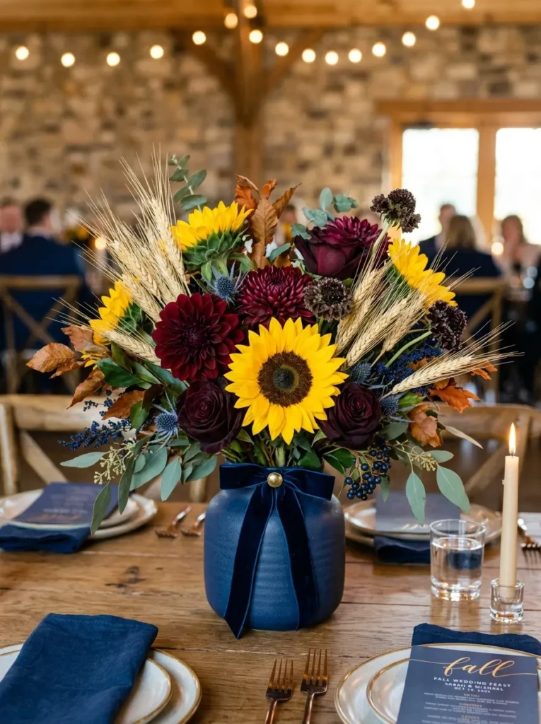 Sunflowers combined with burgundy blooms and wheat in a modern fall wedding arrangement