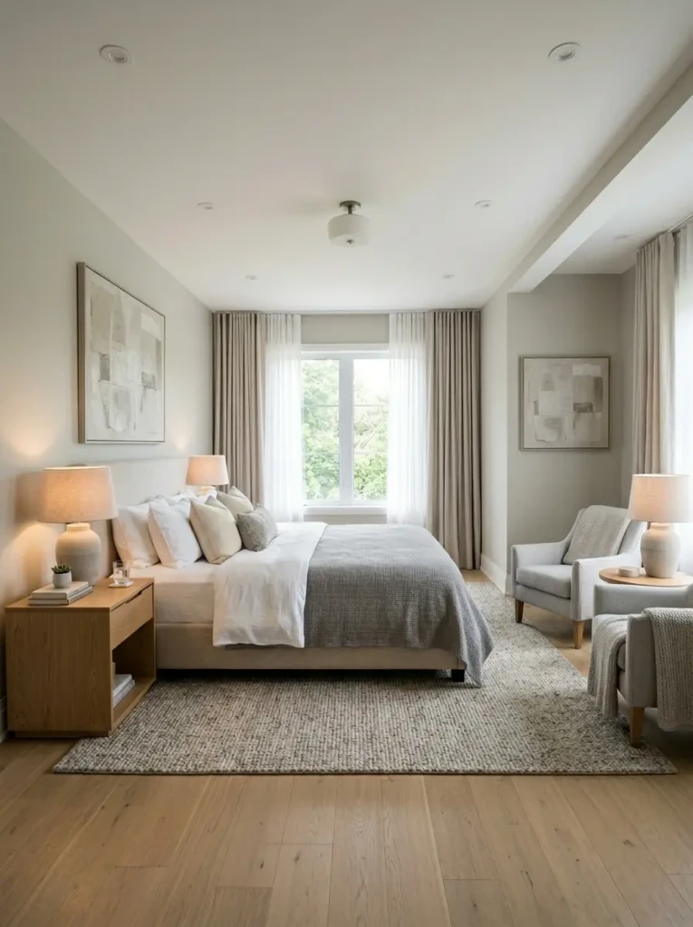 A balanced bedroom setup with a king size bed centered between identical nightstands and lamps, creating a calm and organized look