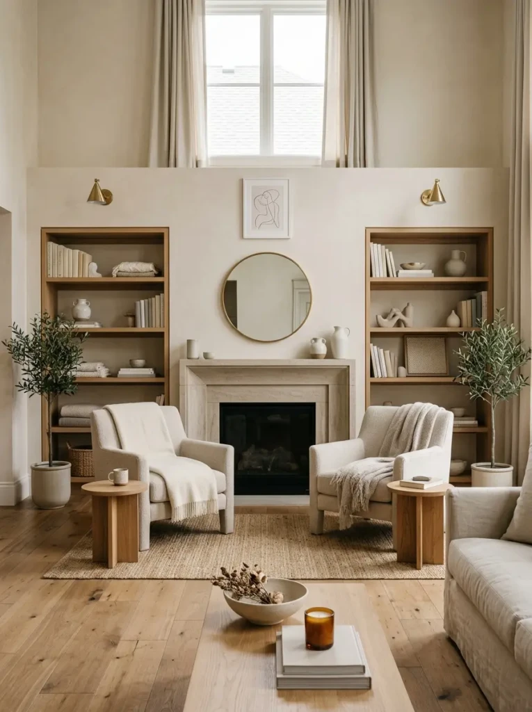 Neutral fall mantle with symmetrical layout and calming, organized design