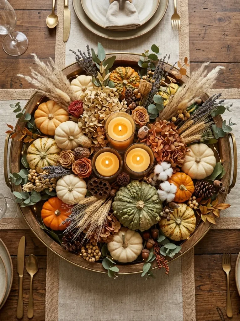 Top view of centerpiece with pumpkins, dried flowers, and layered textures for fall table decor