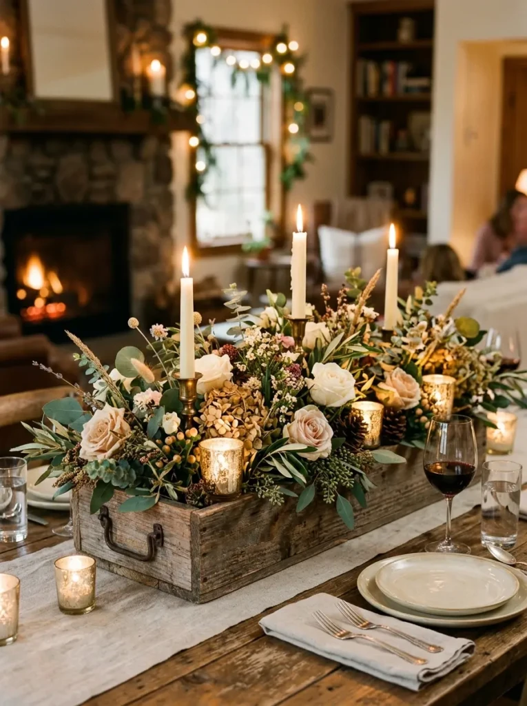 Wedding table centerpiece arranged in a wooden box with flowers and candles for a rustic look