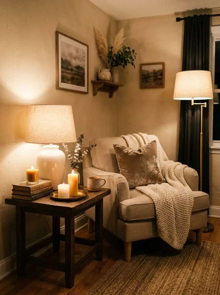 A corner styled with table lamps, floor lamps, and candles emitting soft warm white light.