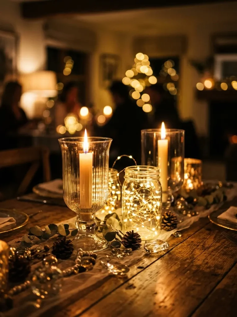 Close-up of candles and fairy lights in glass jars with warm glow and soft reflections for fall decor
