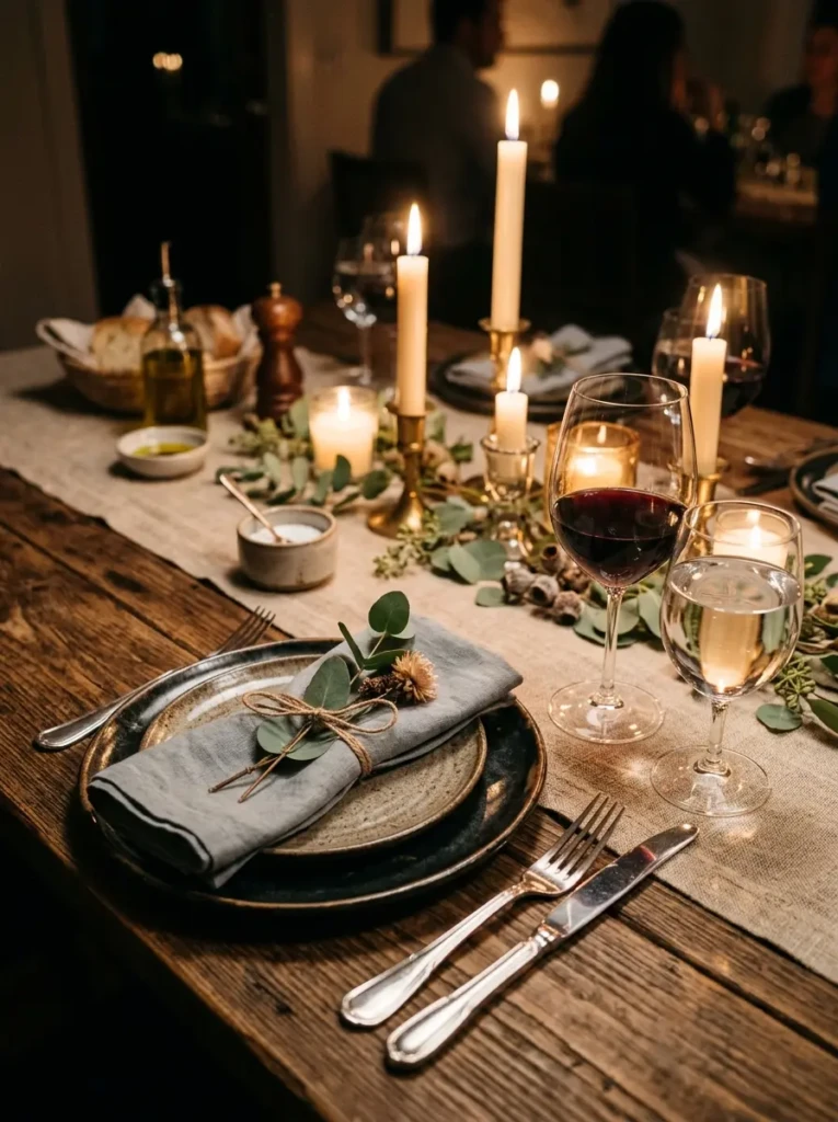 Close-up of a holiday table with linen runner, wooden accents, and soft glowing candles