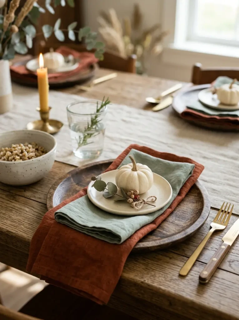 Close-up of Thanksgiving table decor with rust and sage napkins, wooden plates, and subtle pumpkin accents