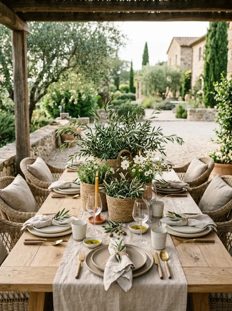 Neutral table decor with olive branches and woven texture
