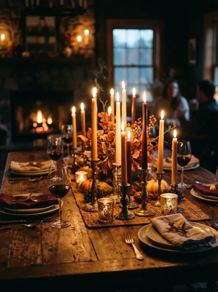 A cozy autumn table illuminated by taper candles in soft amber and cream tones, creating a warm and intimate evening ambiance.