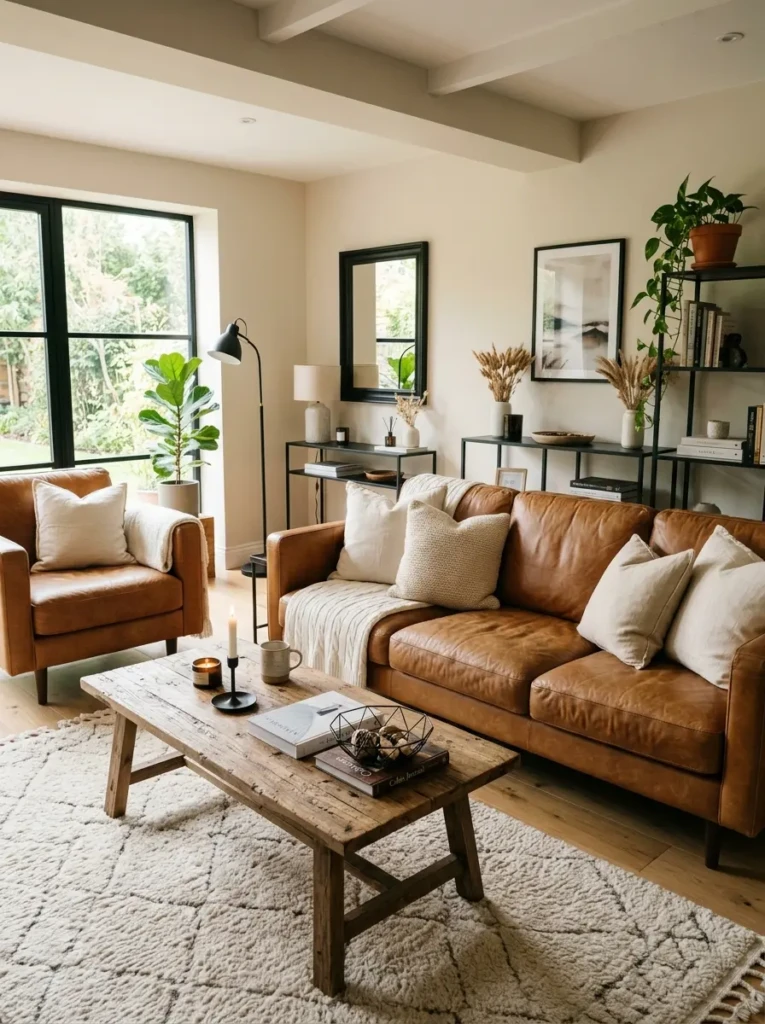 Tan leather couch in a cozy living room with cream pillows, wood coffee table, and soft natural light.