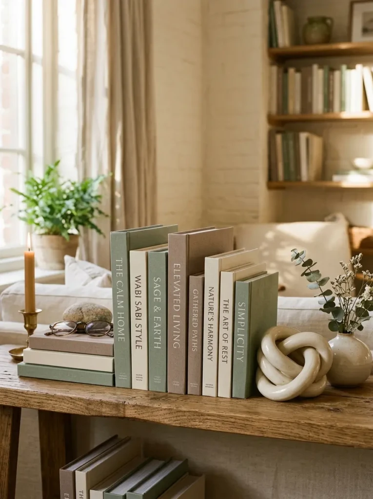 Cream and taupe books layered with a ceramic knot on a cozy, sophisticated floating shelf.