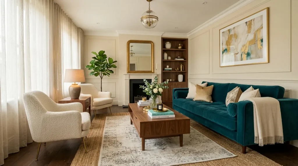 Elegant teal living room featuring a velvet sofa, cream walls, walnut coffee table, gold accents, and warm ambient lighting.